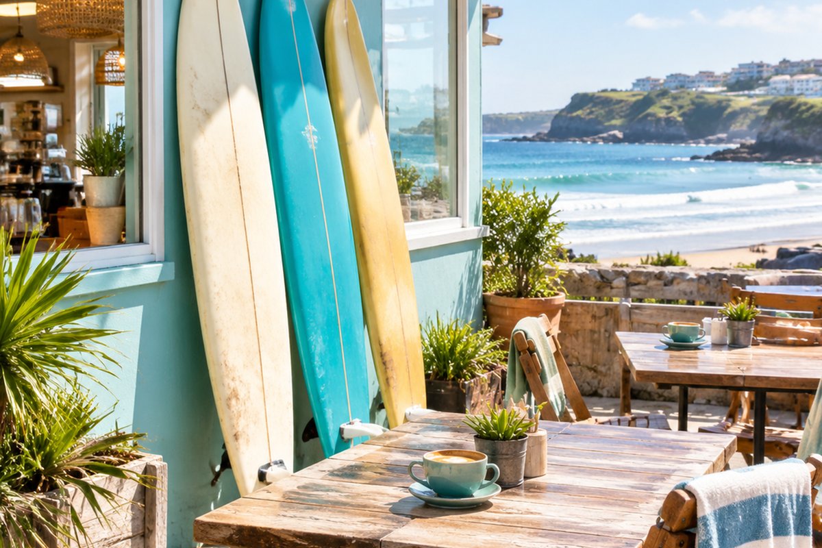 Three surfboards leaning on a sea-green café wall, a cup of coffee on a wooden table