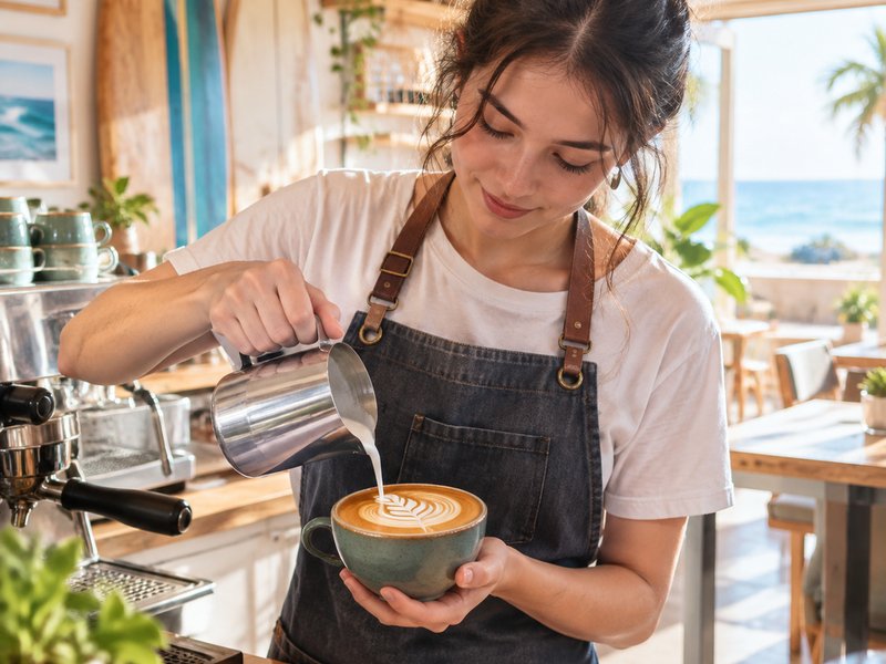 A barista pouring latte art into a green cup